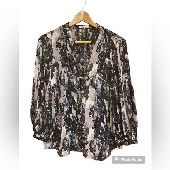 PARKER TOP BLOUSE GRAY BLACK WHITE LONG SLEEVE SIZE S - Picture 1 of 16